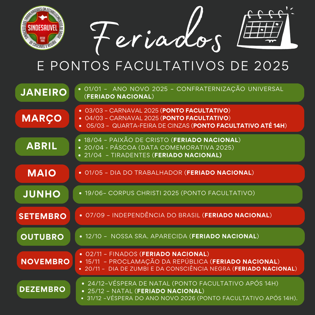 Feriados e Pontos Facultativos 2025